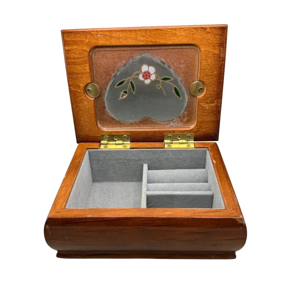 Vintage Wooden Jewelry Box Heart Glass Window Floral Inlay Ring Storage DYWJB103